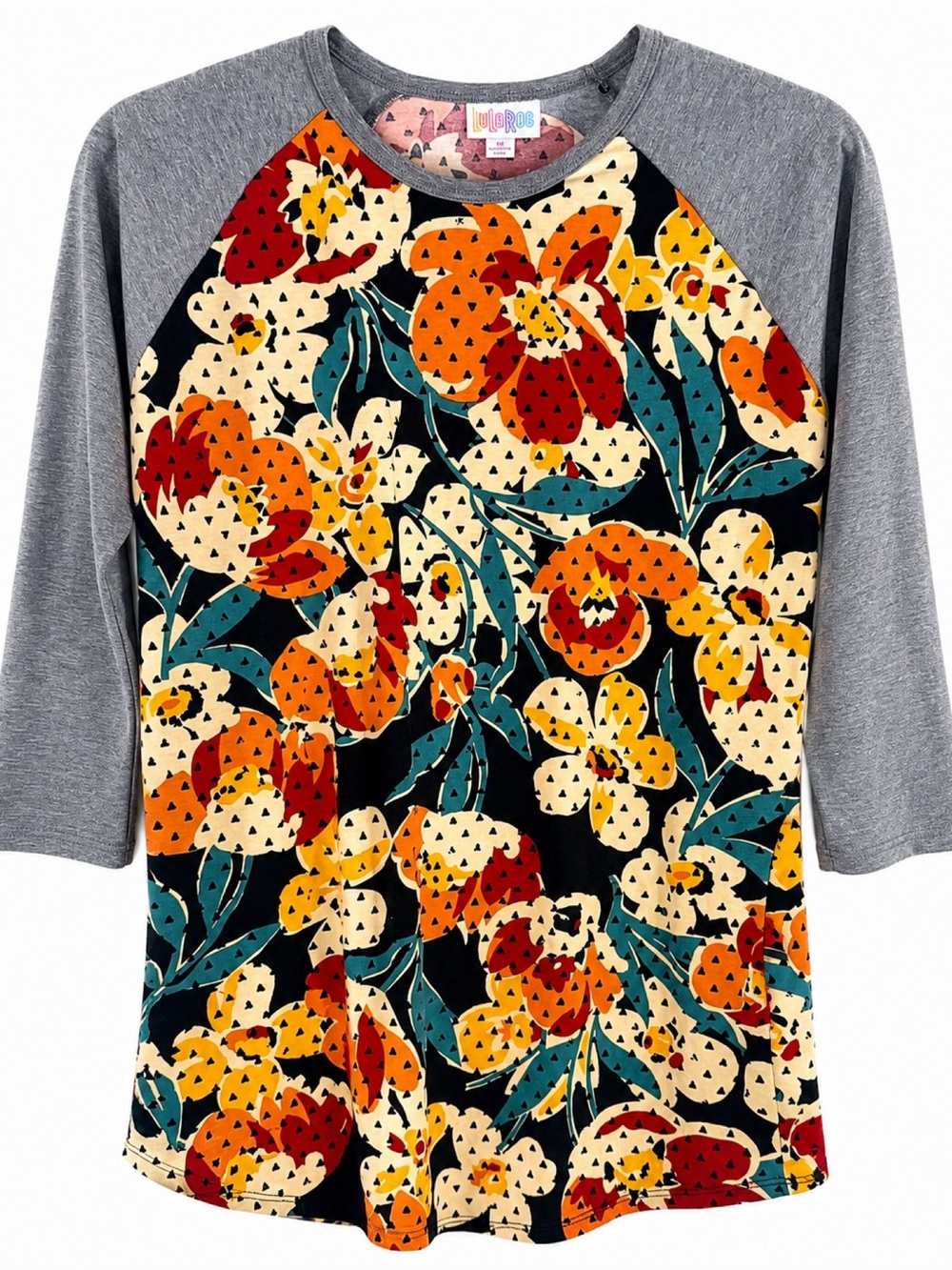 LuLaRoe Randy Floral Raglan Top • Gray 3/4 Sleeve Shirt • Women’s Medium